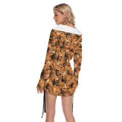 Halloween Moon Witchy All Over Print Women One Shoulder Dress With Waist Shirring, Hot Costume For Women - Wonder Skull