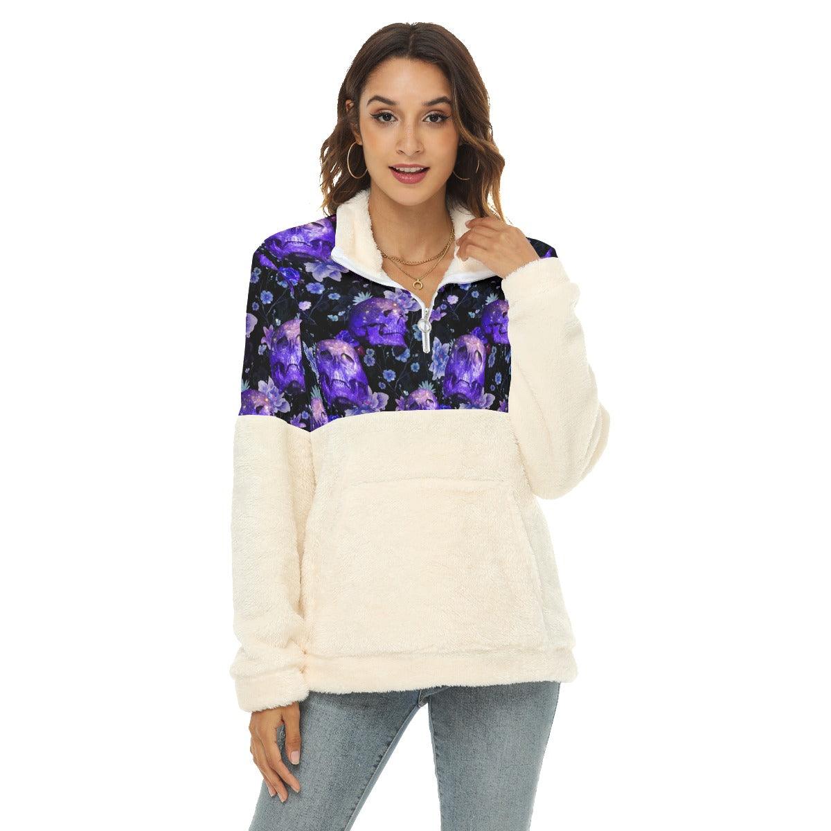 Dark Violet Skull Fleece Sweatshirt With Half Zip - Wonder Skull