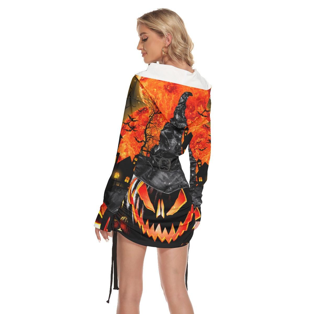 Halloween Witchy Pumpkin All Over Print Women One Shoulder Dress With Waist Shirring, Long Hoodie For Women - Wonder Skull