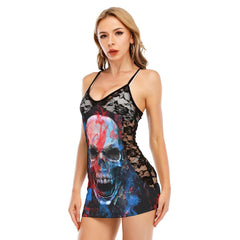 Skull Gothic Blue Red All-Over Print Women Black Lace Cami Dress - Wonder Skull