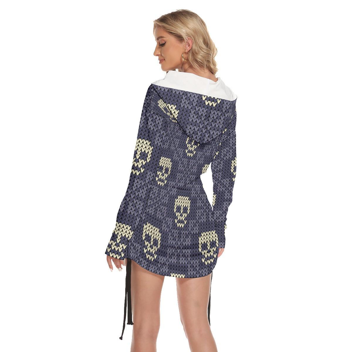 Christmas Violet White Skull Pattern Print Open Shoulder Dress - Wonder Skull