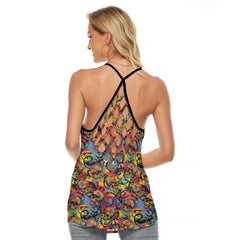 Tie Dye Skull Ornament Criss-Cross Open Back Tank Top, Trending T-Shirt For Women - Wonder Skull