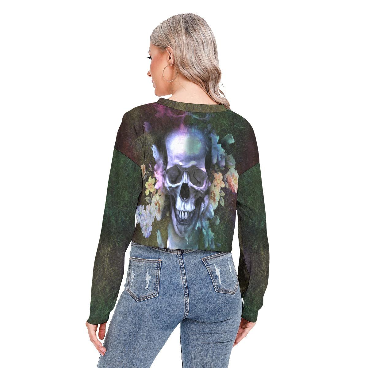 Skull Flower Long Sleeve Sweatshirt With Hem Drawstring - Wonder Skull
