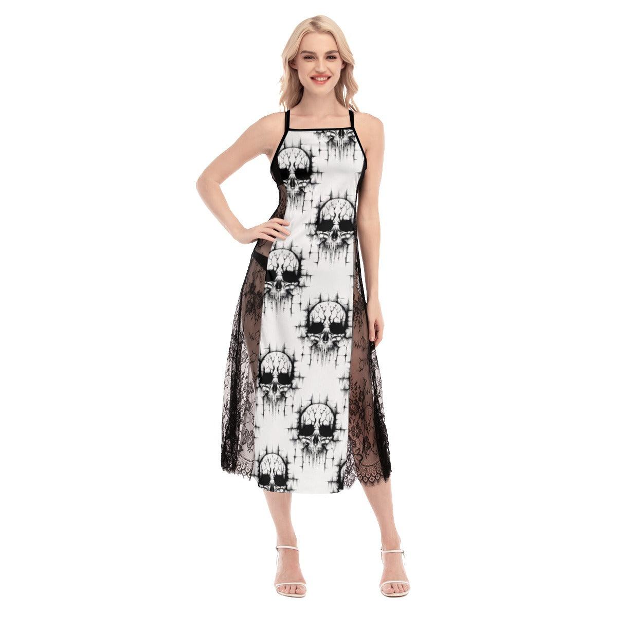 Black Gothic Skull Pattern Lace Cami Cross Back Women Dress - Wonder Skull
