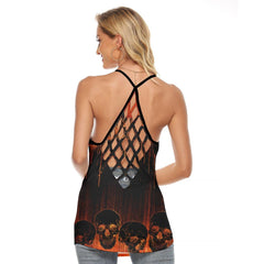Red Black Double Line Skull Artwork Hand Criss-Cross Open Back Tank Top, Trending T-Shirt For Women - Wonder Skull