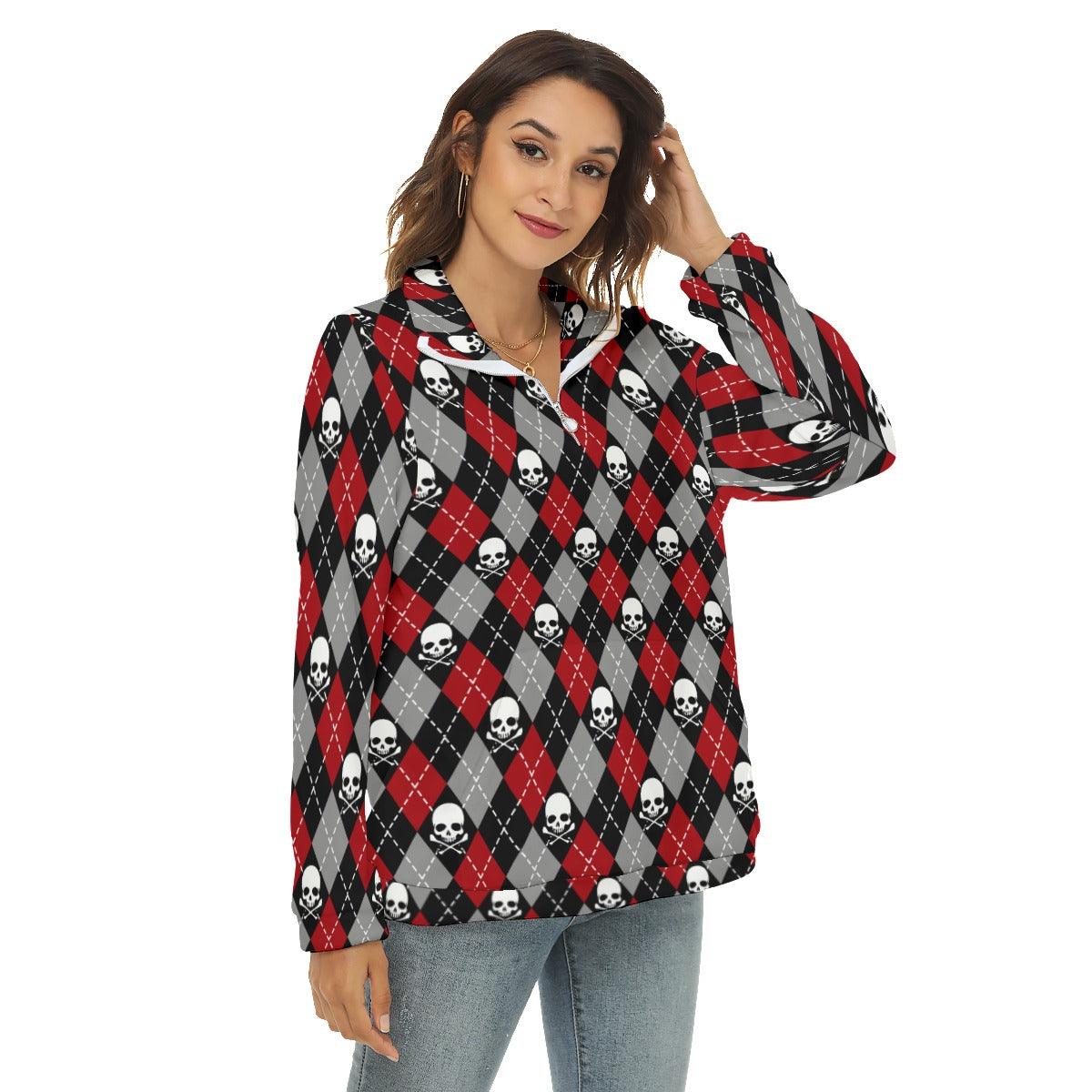 Argyle Skull Borg Fleece Sweatshirt With Half Zip - Wonder Skull