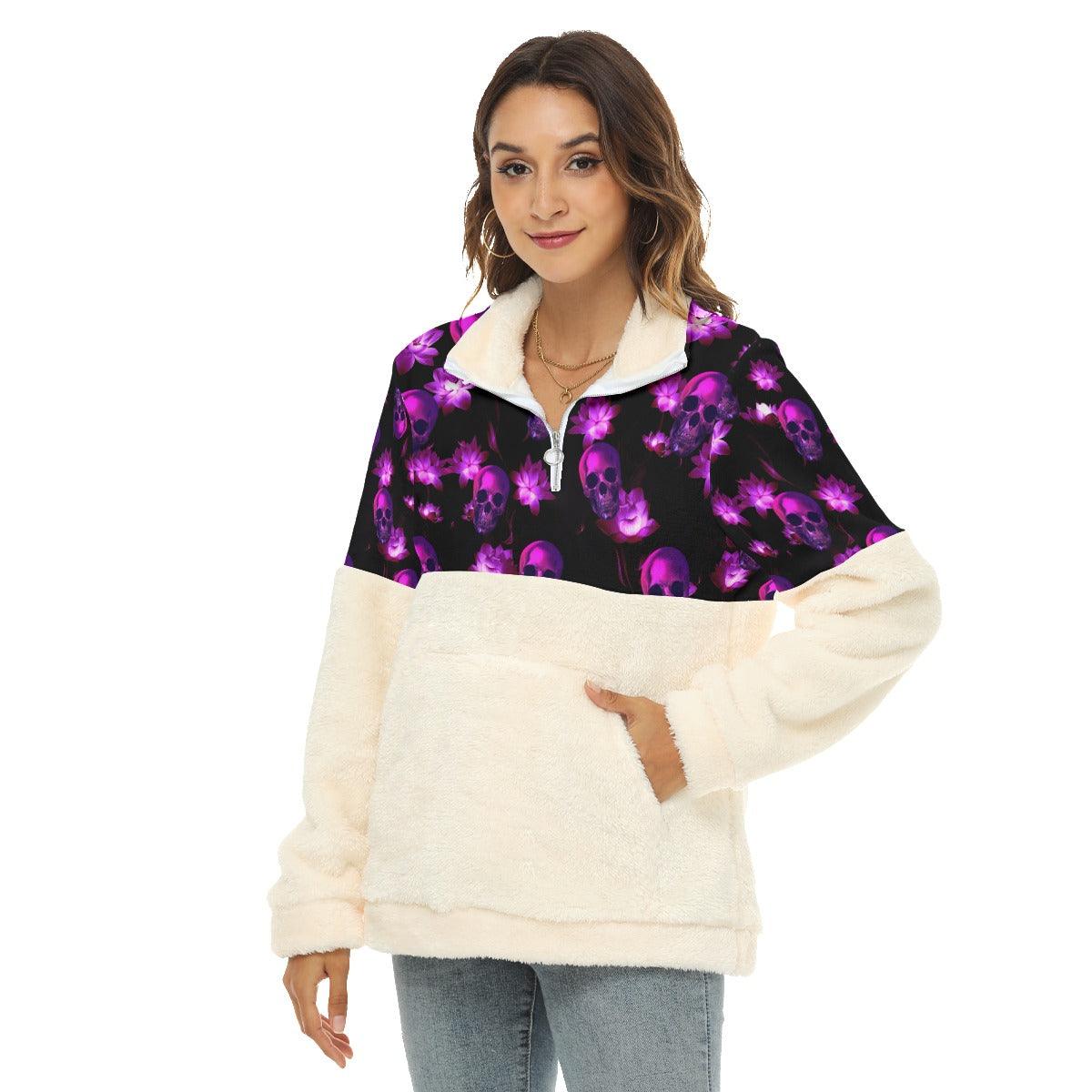 Neon Skull Flower Borg Fleece Sweatshirt With Half Zip - Wonder Skull