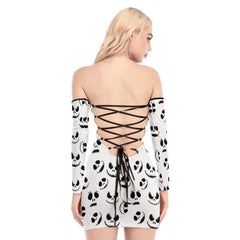 Nightmare White Pattern Off-shoulder Back Lace-up Dress - Wonder Skull