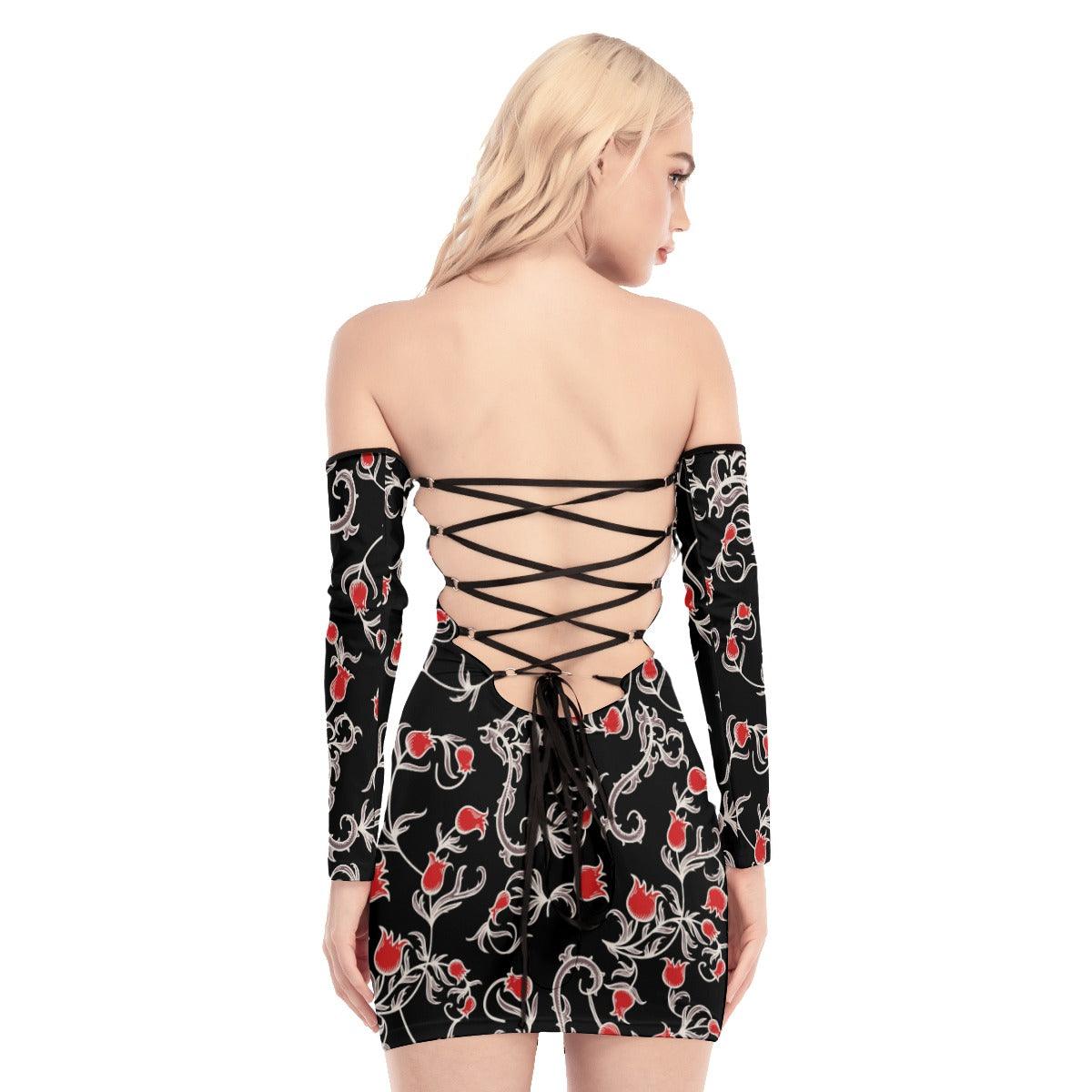 Skull Sugar Gothic Rose Off-shoulder Back Lace-up Dress - Wonder Skull