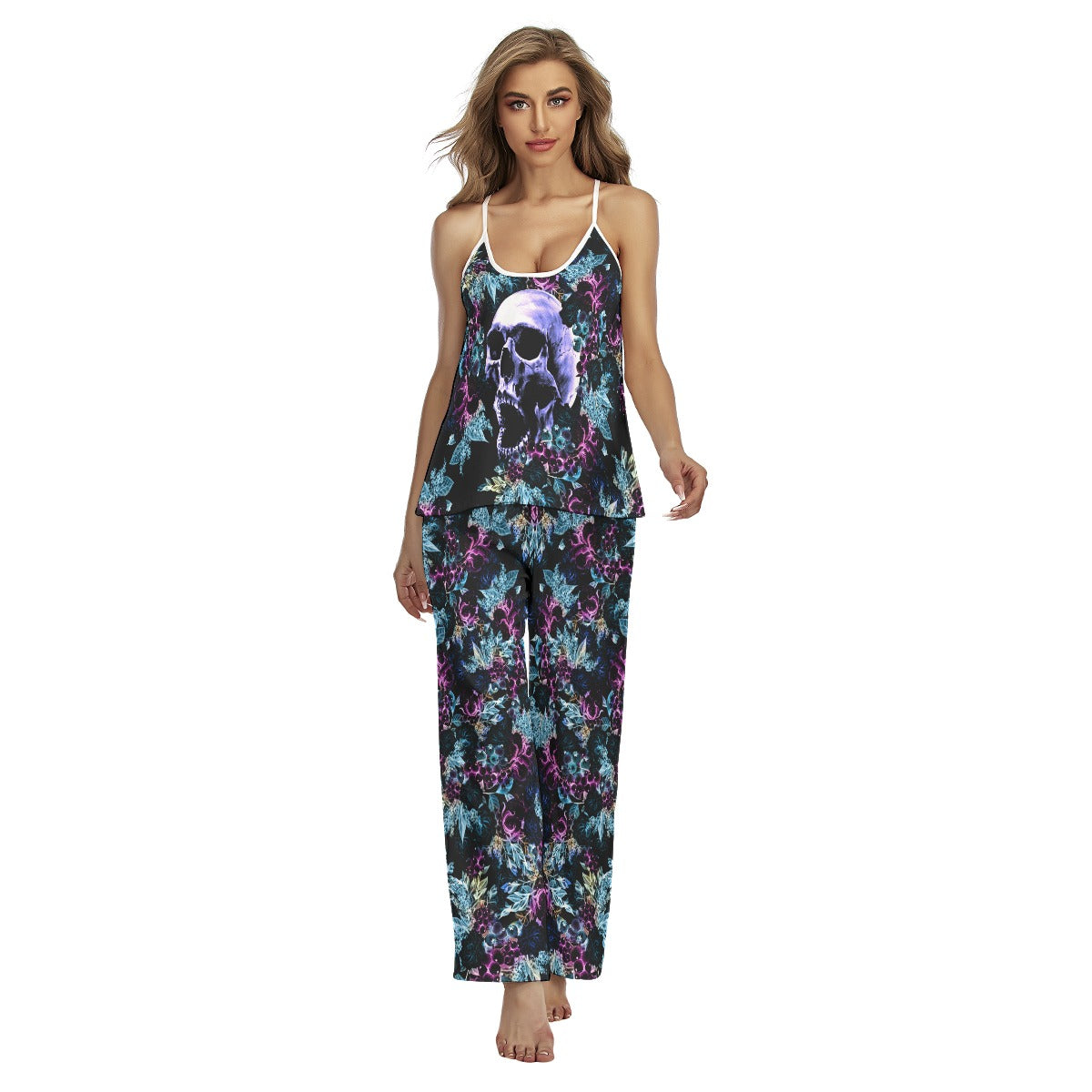 Purple Skull Floral Cami Pajamas Sets For Women Sleepwears Combo - Wonder Skull