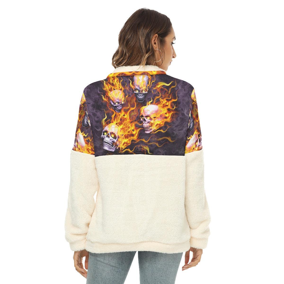 Silver Skull Fire Fleece Sweatshirt With Half Zip - Wonder Skull