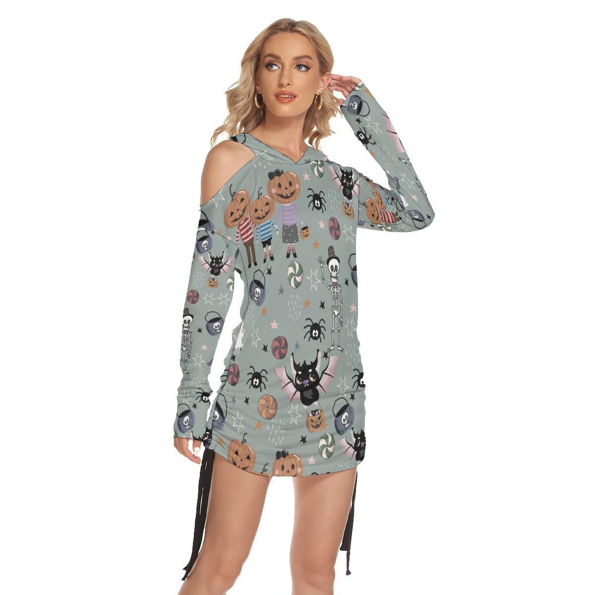 Halloween Funny Pumpkin All-Over Print Women One Shoulder Dress With Waist Shirring, Hot Long Hoodie - Wonder Skull