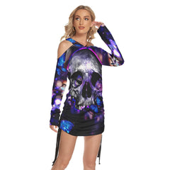 Sexy Violet Skull Butterfly Print Open Shoulder Dress- Wonder Skull
