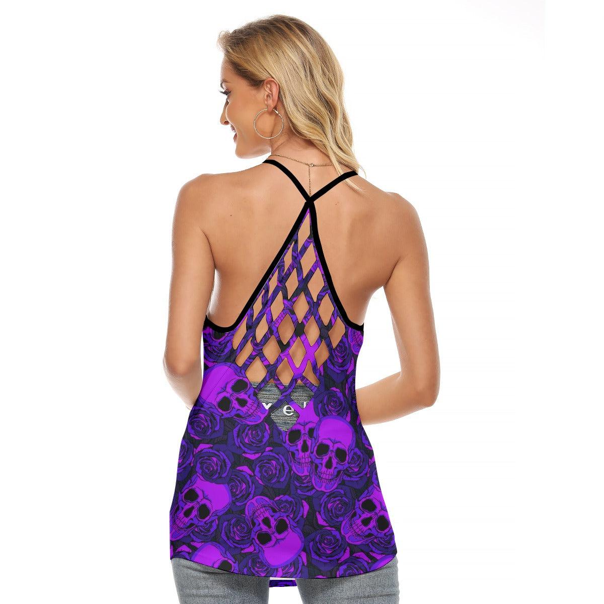 Negative Purple Skull Rose Criss-Cross Open Back Tank Top, Coolest T-Shirt For Women - Wonder Skull