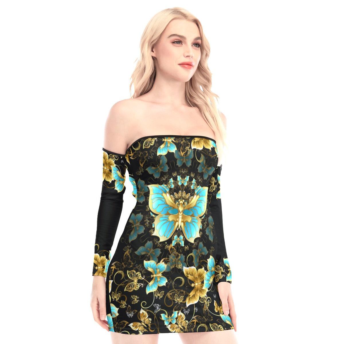 Gold Queen Butterfly Off-shoulder Back Lace-up Dress - Wonder Skull