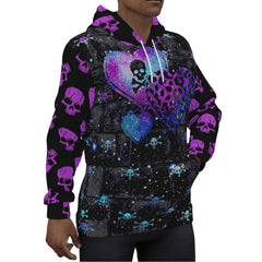 Violet Skull Heart Print Unisex Pullover Hoodie-Wonder Skull