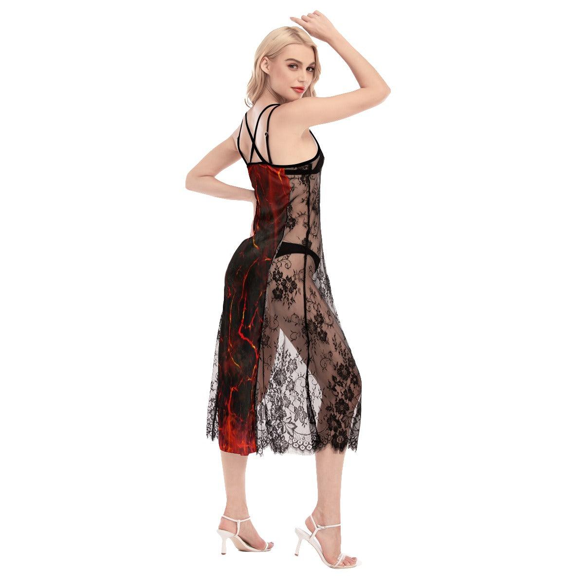Hot Crack Lava Skull Lace Cami Cross Back Women Dress - Wonder Skull