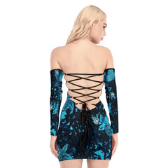Skull Gothic Flower Blue Off-shoulder Back Lace-up Dress - Wonder Skull