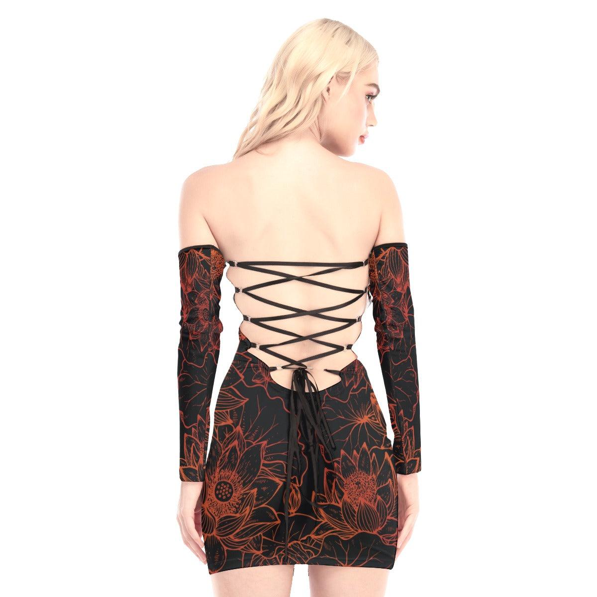 Brown Skull Lotus Off-shoulder Back Lace-up Dress - Wonder Skull