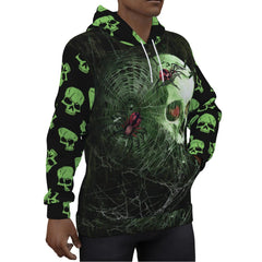 Green Gothic Skull Spider Print Unisex Pullover Hoodie-Wonder Skull