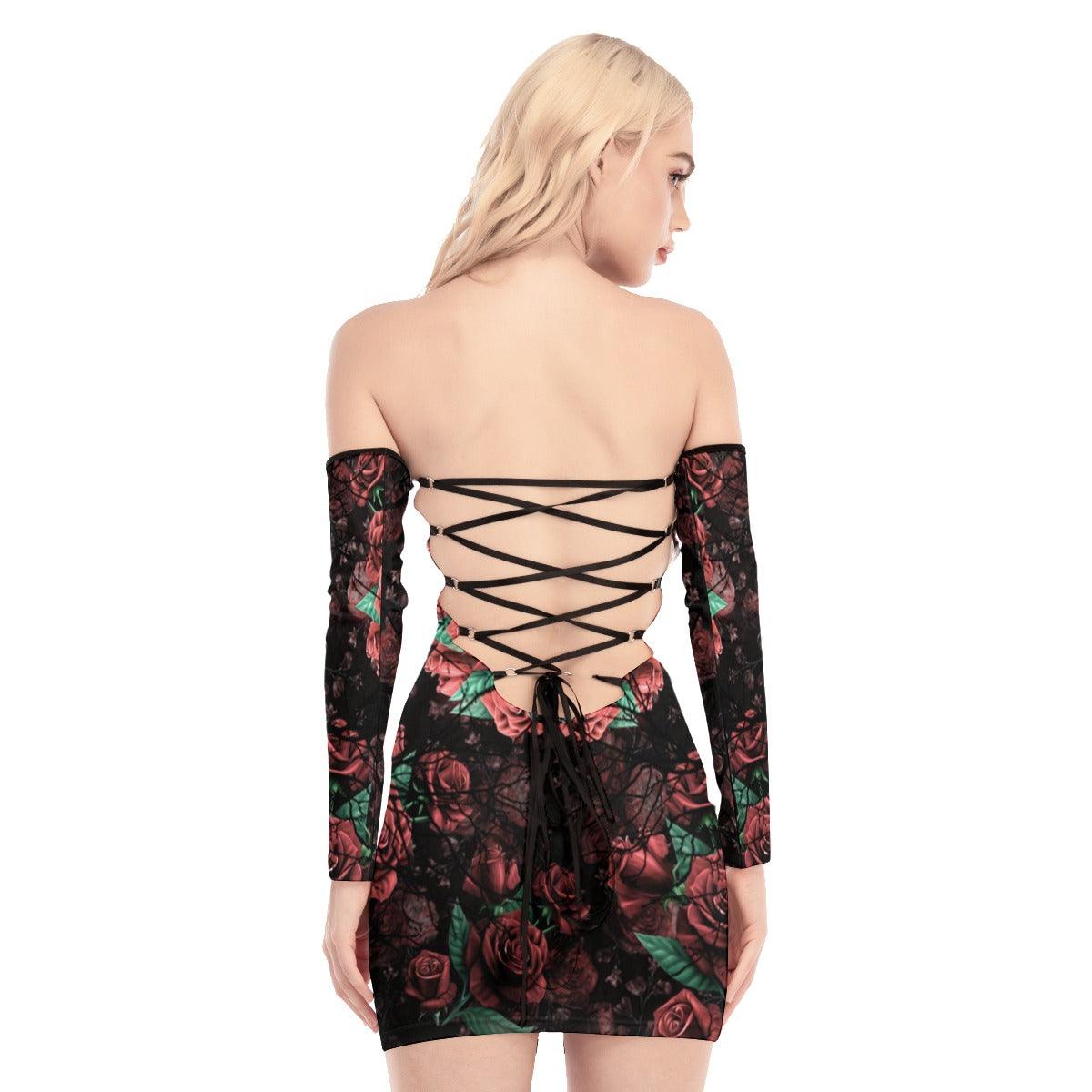 Skull Sugar Red Rose Off-shoulder Back Lace-up Dress - Wonder Skull