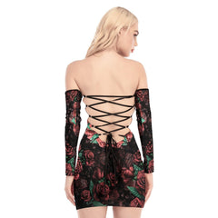Skull Sugar Red Rose Off-shoulder Back Lace-up Dress - Wonder Skull