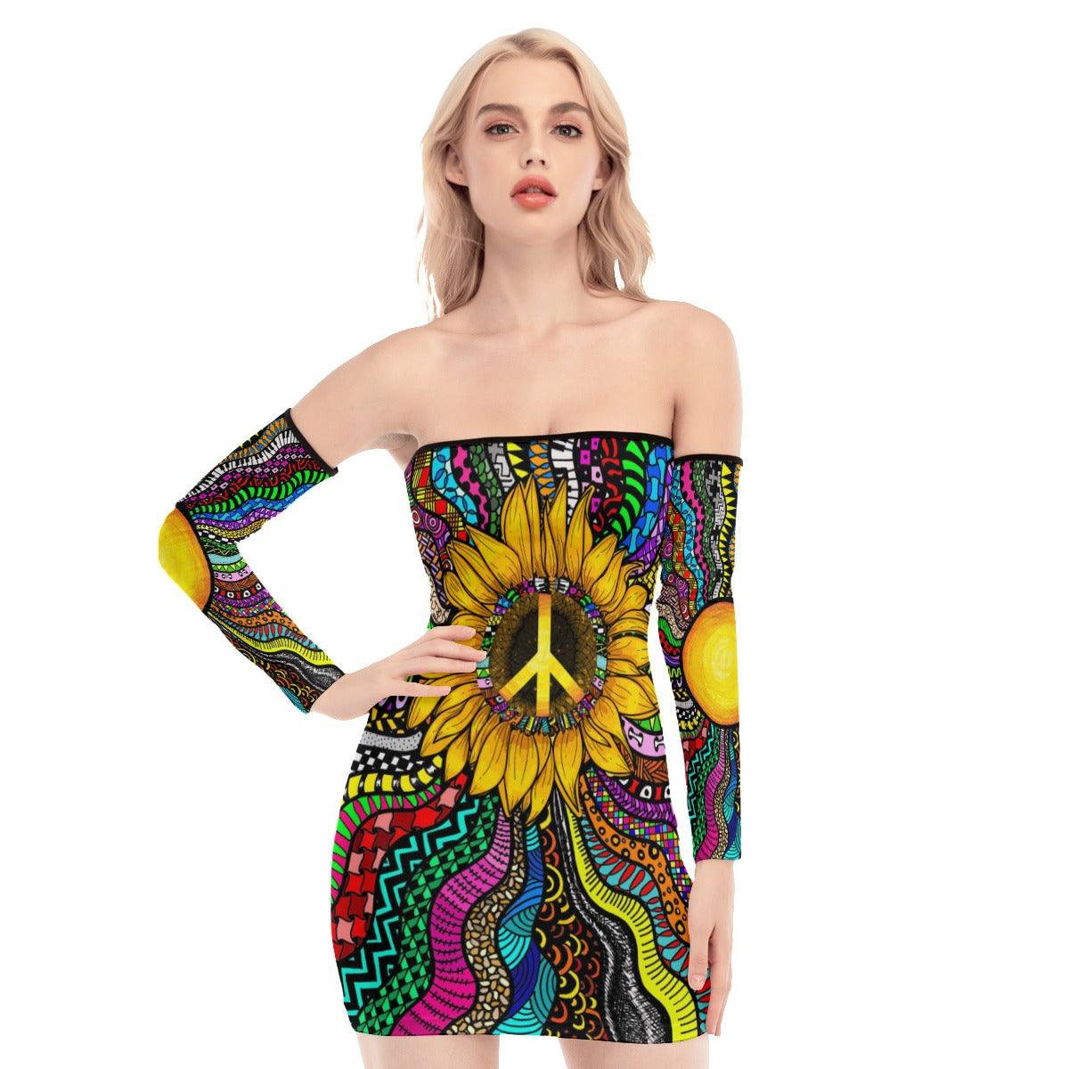 Sunflower Hippie Pattern Off-shoulder Back Lace-up Dress - Wonder Skull