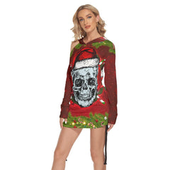 Skull Santa Print Open Shoulder Dress-Wonder Skull