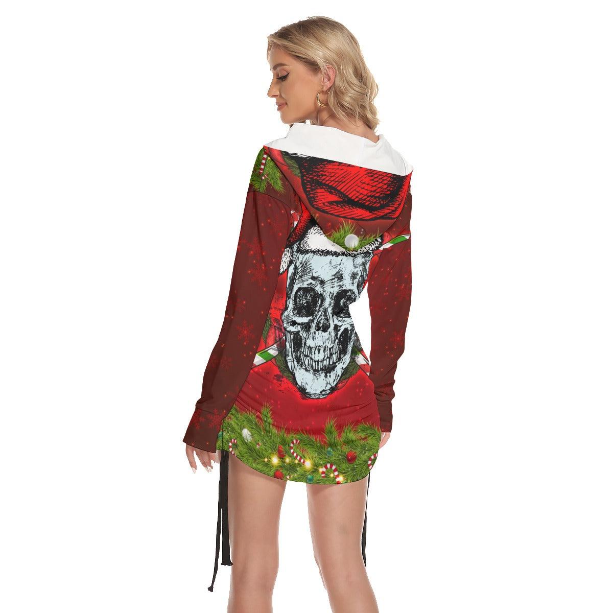 Skull Santa Print Open Shoulder Dress-Wonder Skull