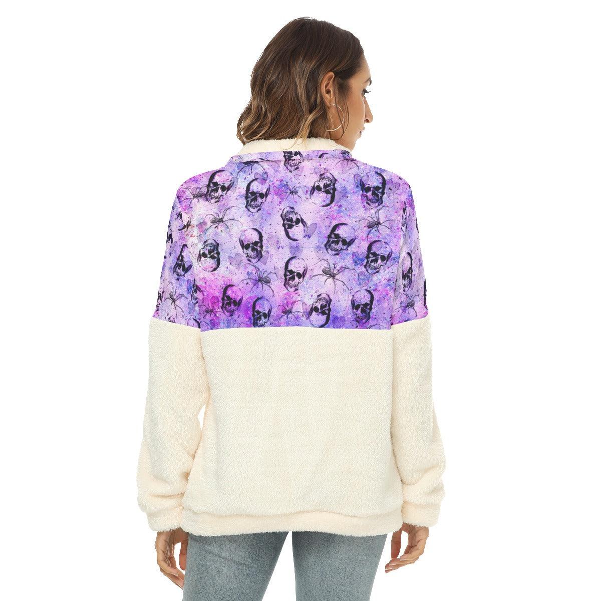 Purple Gothic Skull Spider Fleece Sweatshirt With Half Zip - Wonder Skull