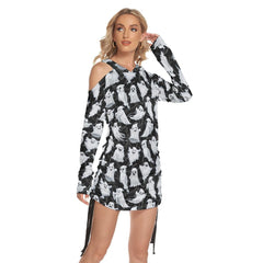 Halloween Boo All Over Print Women One Shoulder Dress With Waist Shirring, Long Hoodie For Women - Wonder Skull