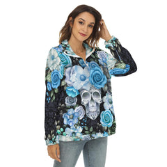 Skull Flower Borg Fleece Sweatshirt With Half Zip - Wonder Skull