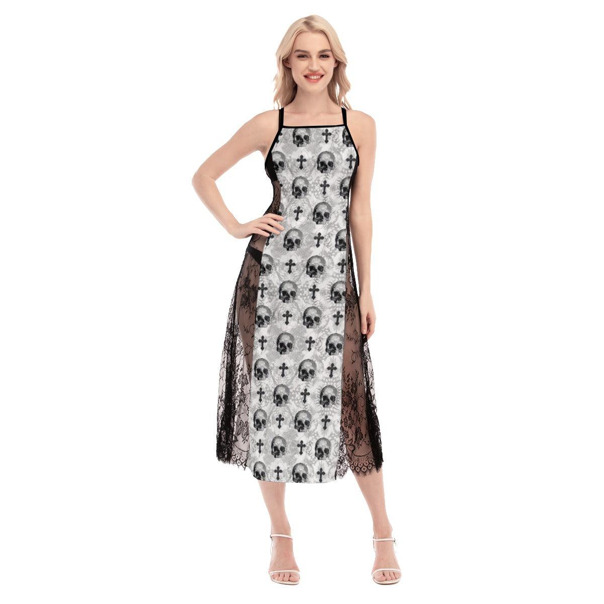 Hot Jesus Skull Pattern Lace Cami Cross Back Women Dress - Wonder Skull