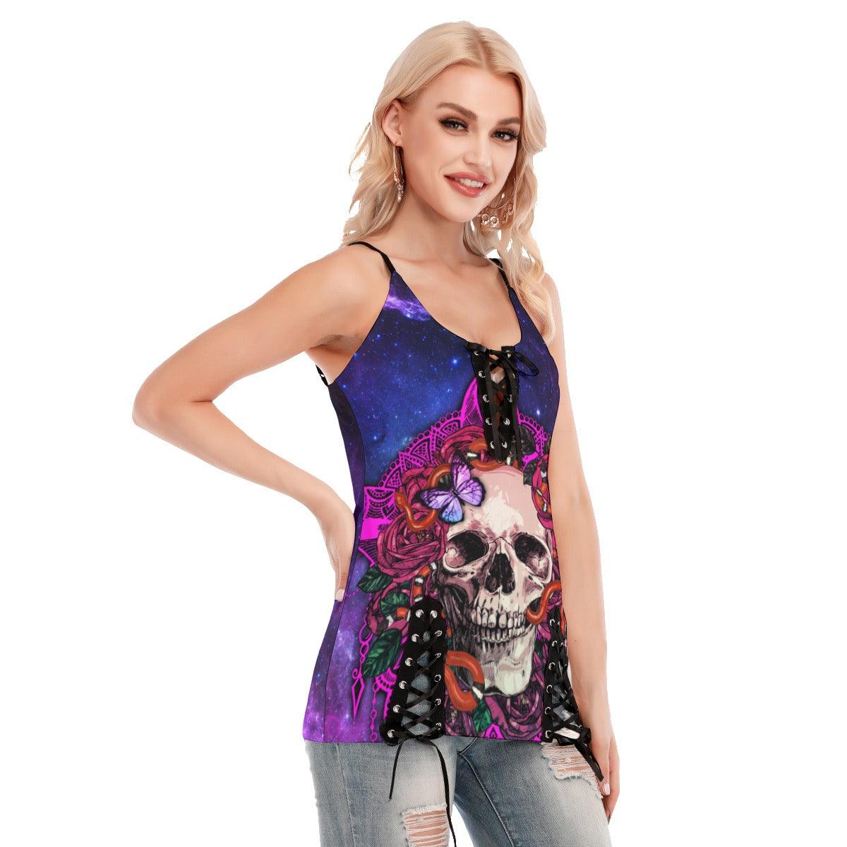 Skull Rose Pattern Gothic Eyelet Lace-up Letter Dress - Wonder Skull