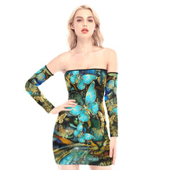Blue Gold Butterflies Off-shoulder Back Lace-up Dress - Wonder Skull