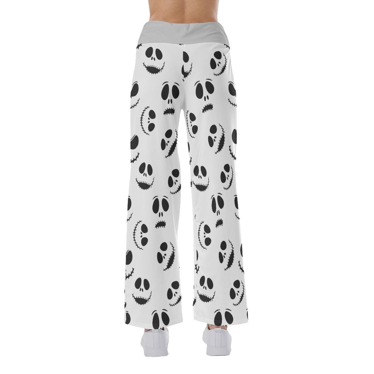 Nightmare White Face Pattern Pajama Pants Print Drawstring Palazzo Lounge - Wonder Skull