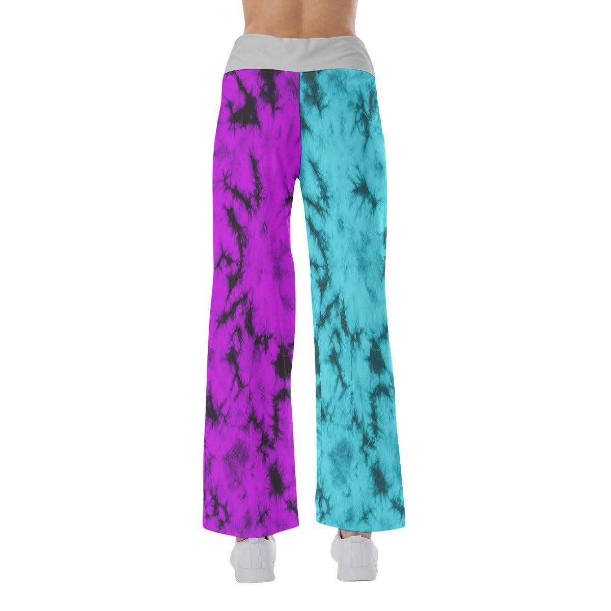 Sweet Dream Face Smile Half Cyan Purple High-waisted Wide Leg Pants - Wonder Skull