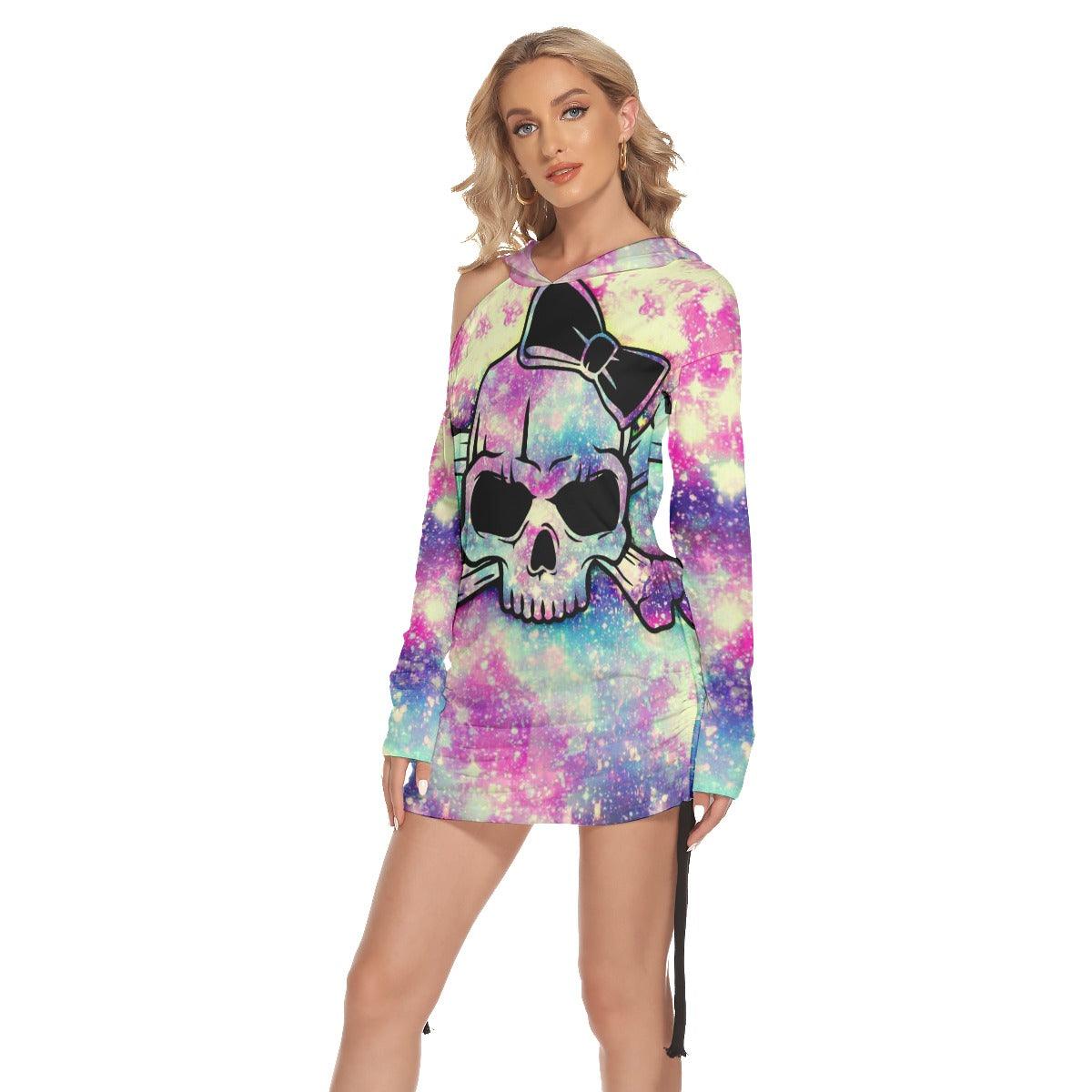 Christmas Rainbow Skull Print Open Shoulder Dress-Wonder Skull