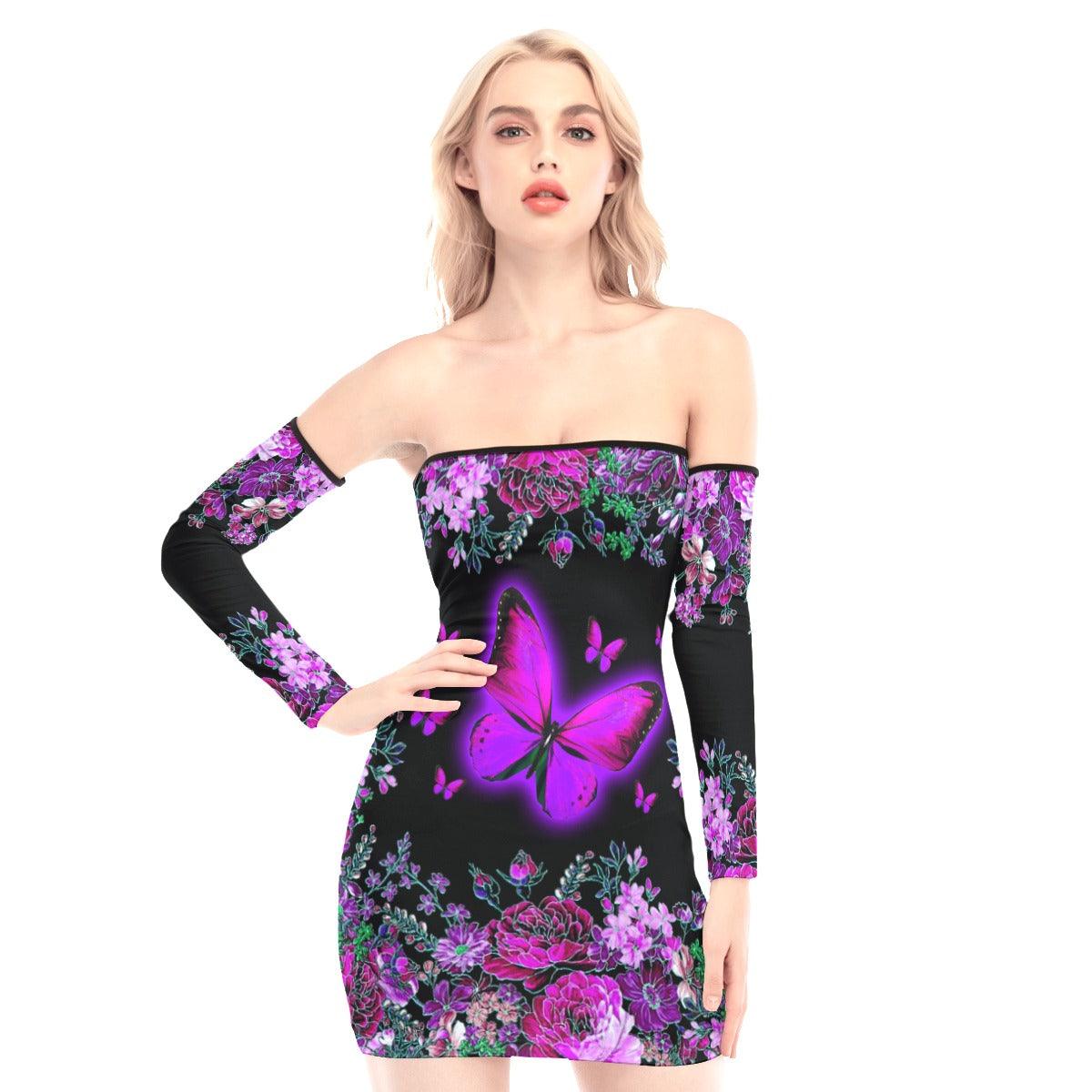 Flowers Pink Butterfly Off-shoulder Back Lace-up Dress - Wonder Skull