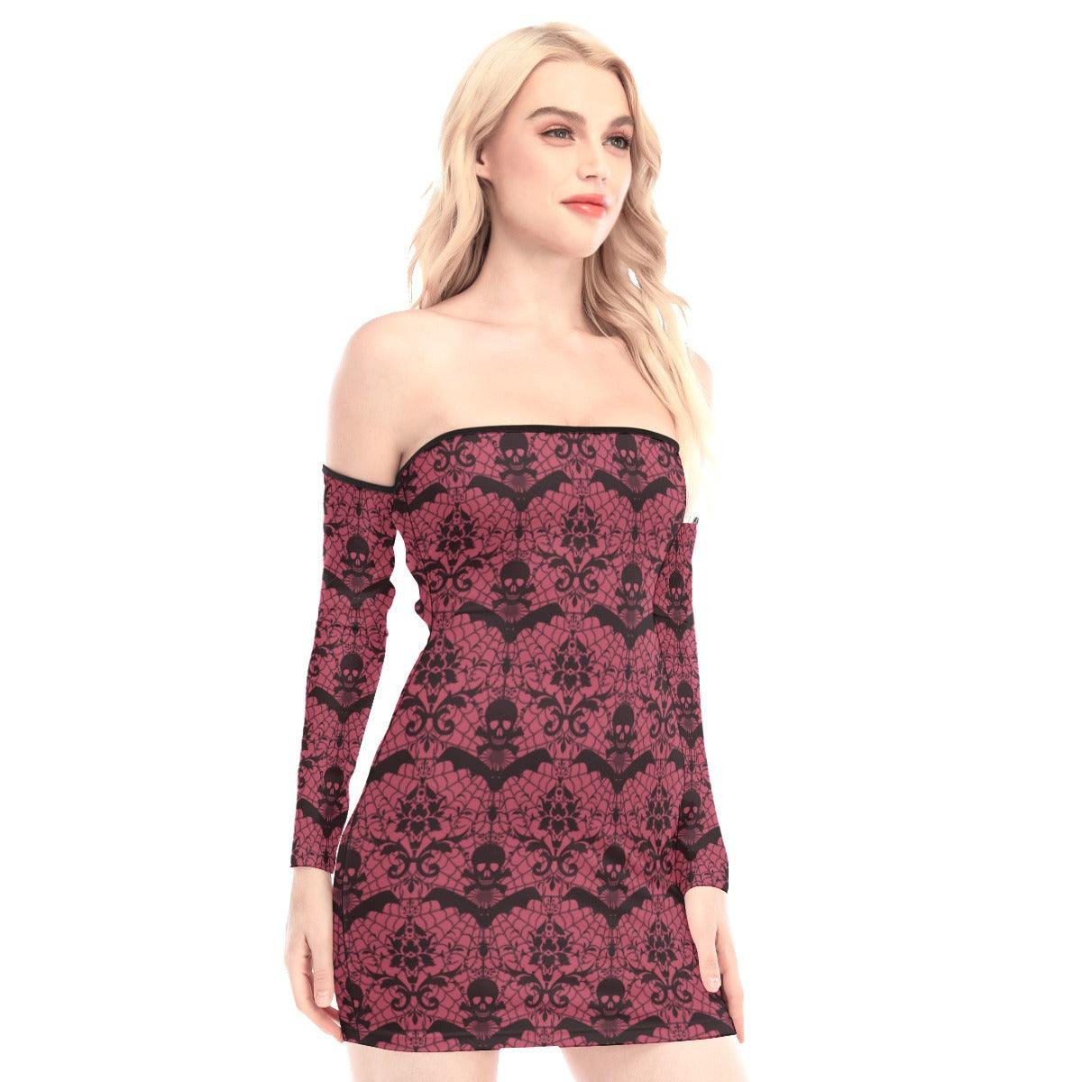 Skull And Bat Red Off-shoulder Back Lace-up Dress - Wonder Skull