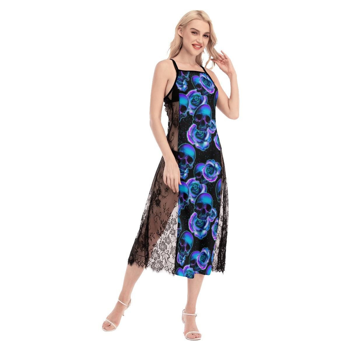 Hot Skull Pattern Lace Cami Cross Back Women Dress - Wonder Skull