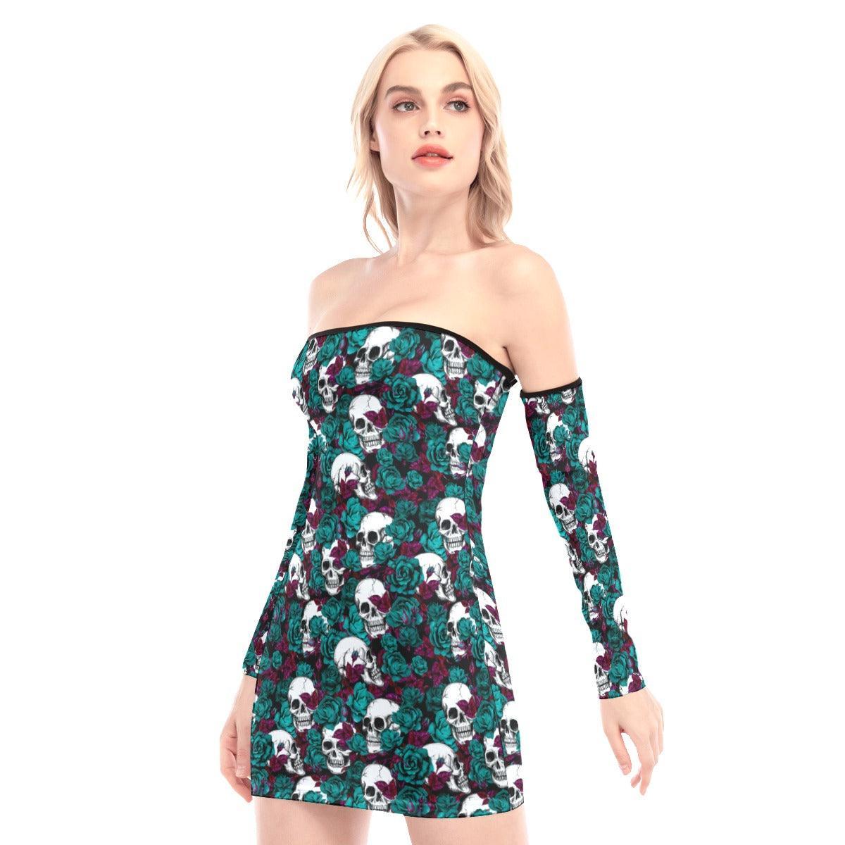 Jungle Green Rose Skull Off-shoulder Back Lace-up Dress - Wonder Skull