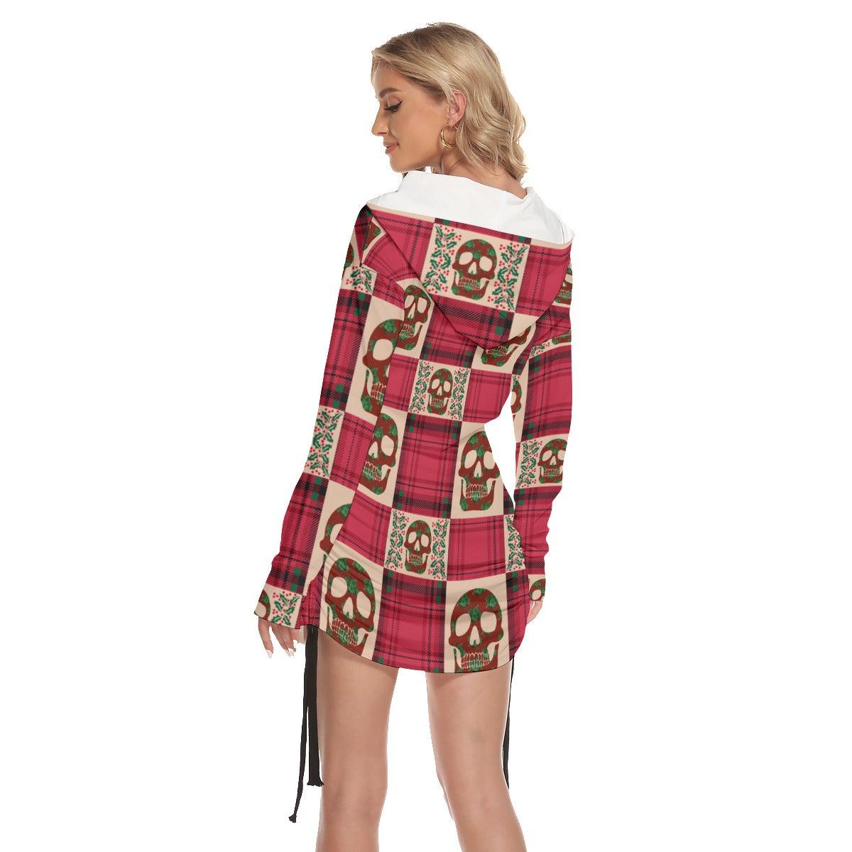 Christmas Red Skull Checked Pattern Print Open Shoulder Dress - Wonder Skull