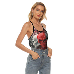 Three Skull Rose Criss-Cross Open Back Tank Top, Trending T-Shirt For Women - Wonder Skull