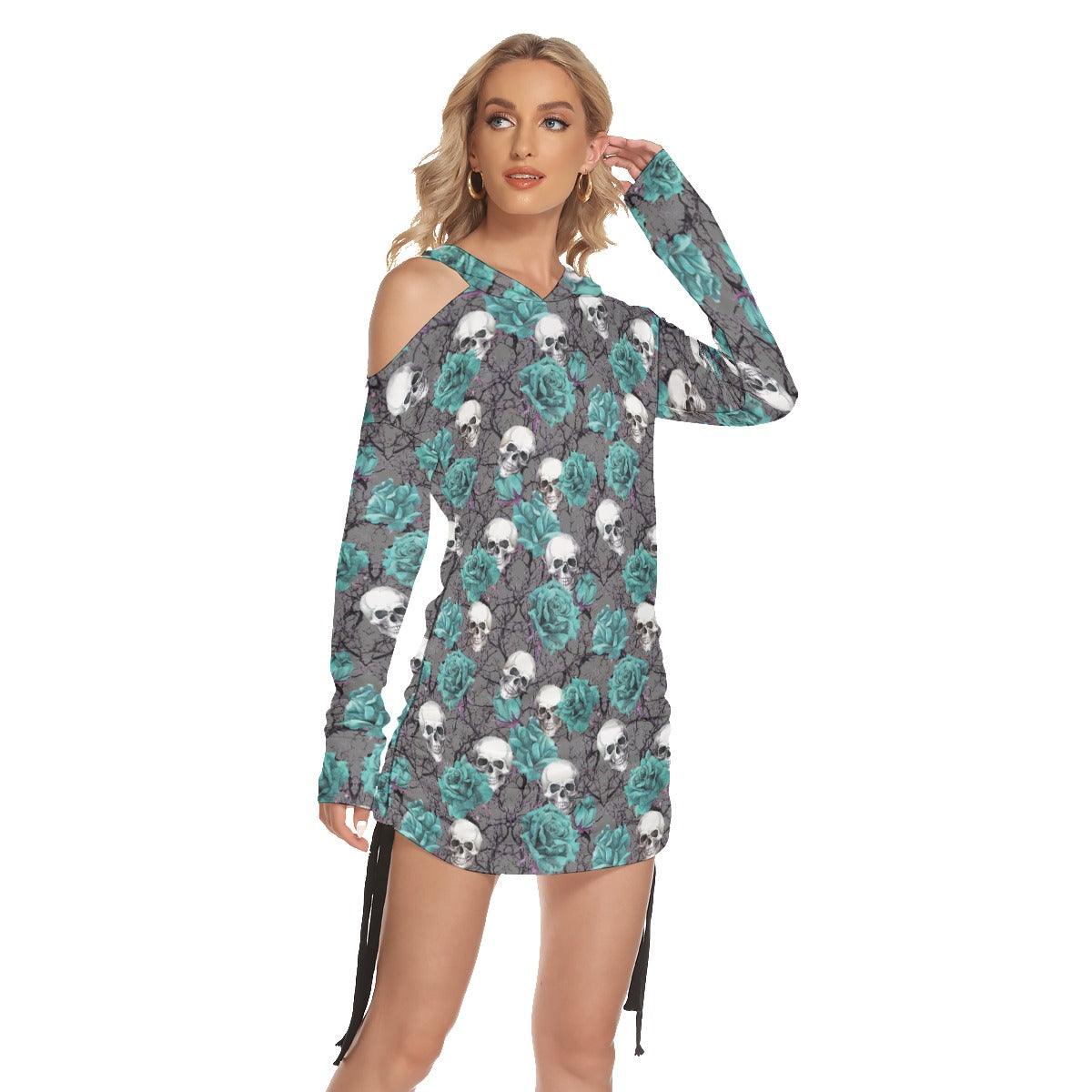 Saphire Gothic Skull Roses One Shoulder Dress - Wonder Skull