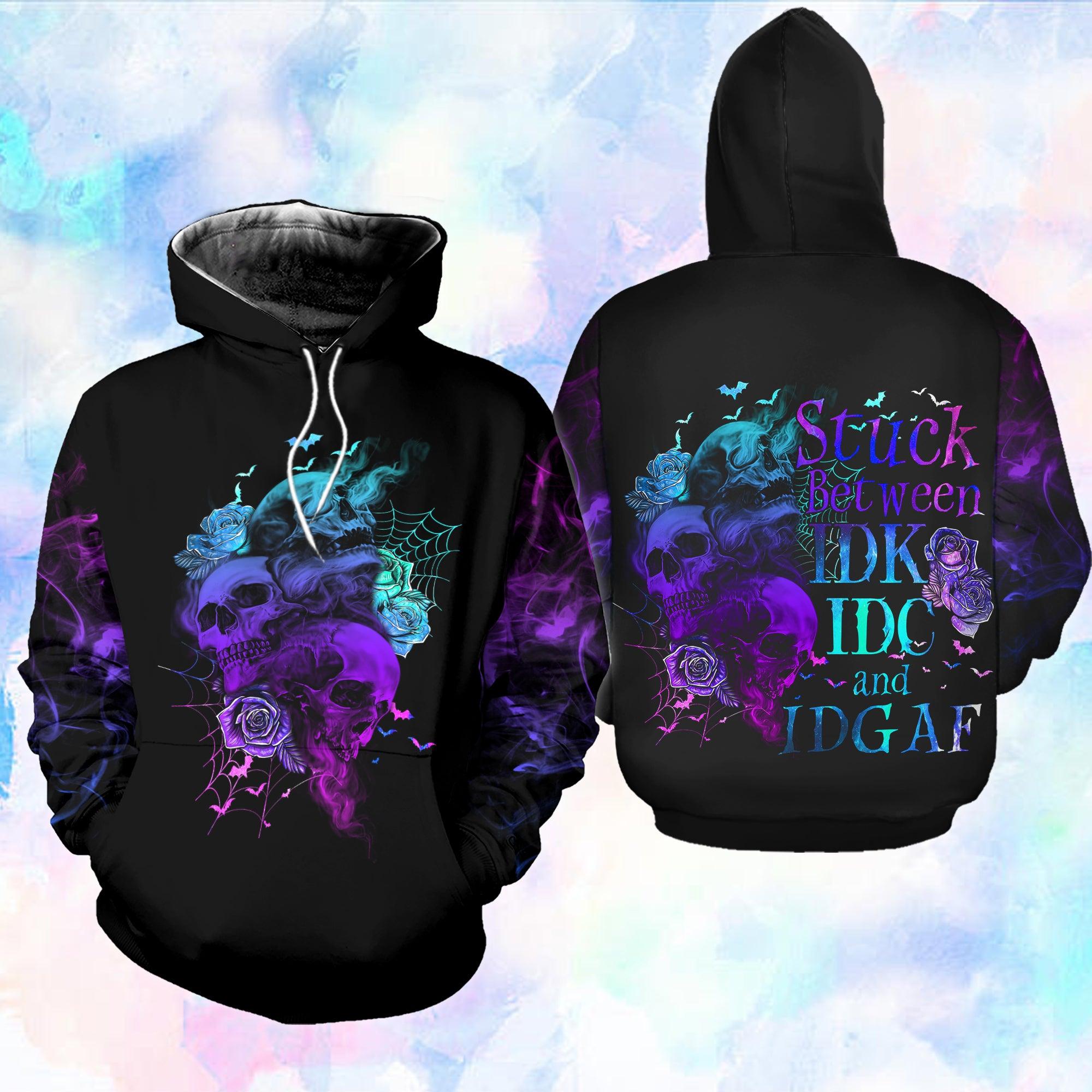 Stuck Between IDK IDC IDGAF Funny Hoodie For Women - Wonder Skull
