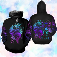 Stuck Between IDK IDC IDGAF Funny Hoodie For Women - Wonder Skull