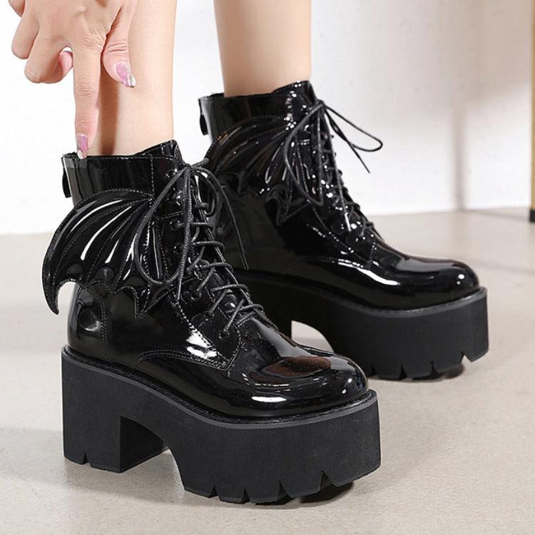Goth Ankle Boots, Patent Leather High Heels Shoes For Women - Wonder Skull