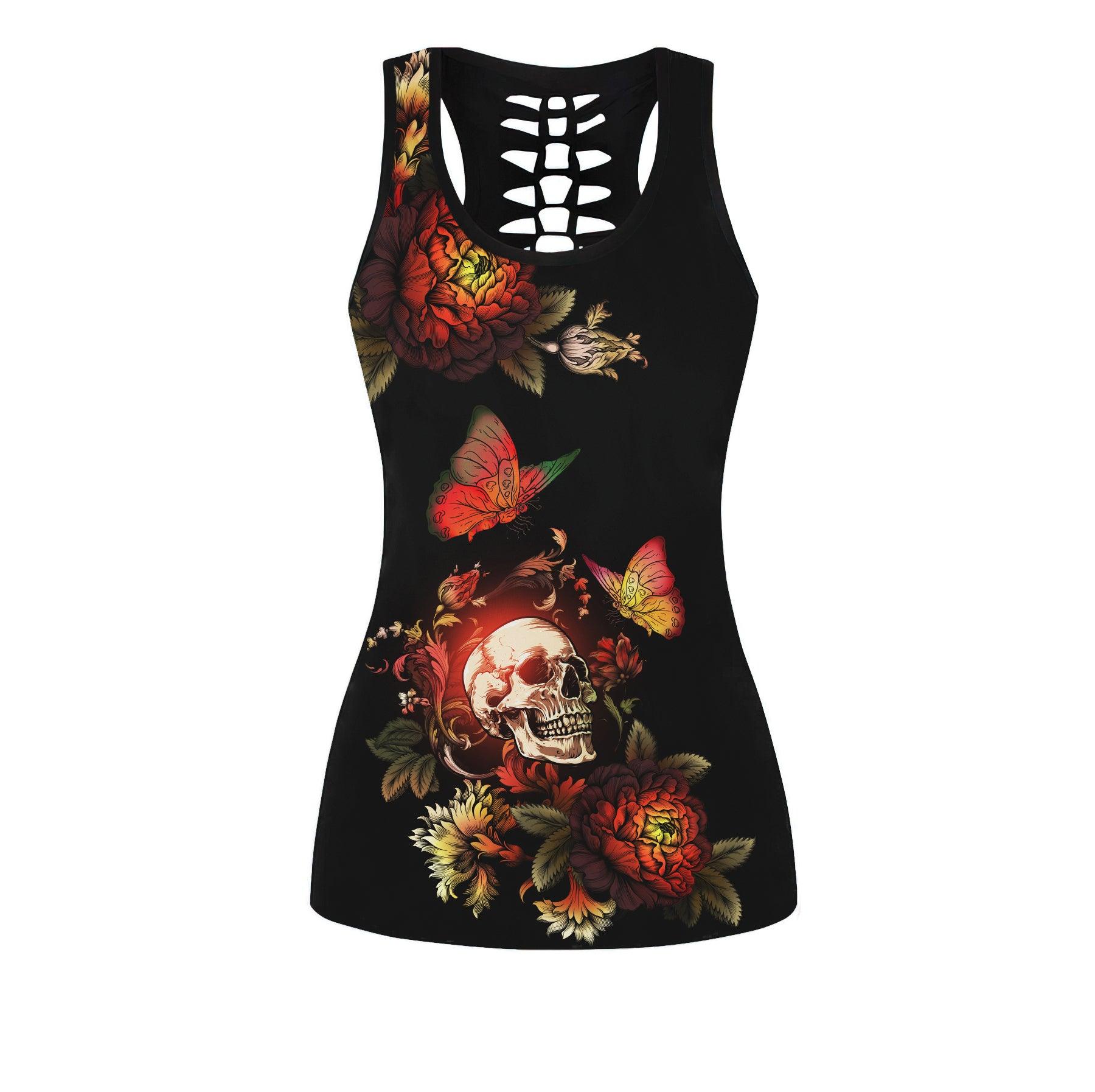 Skull Flower Butterfly Leggings And Hollow Tank Top Set - Wonder Skull