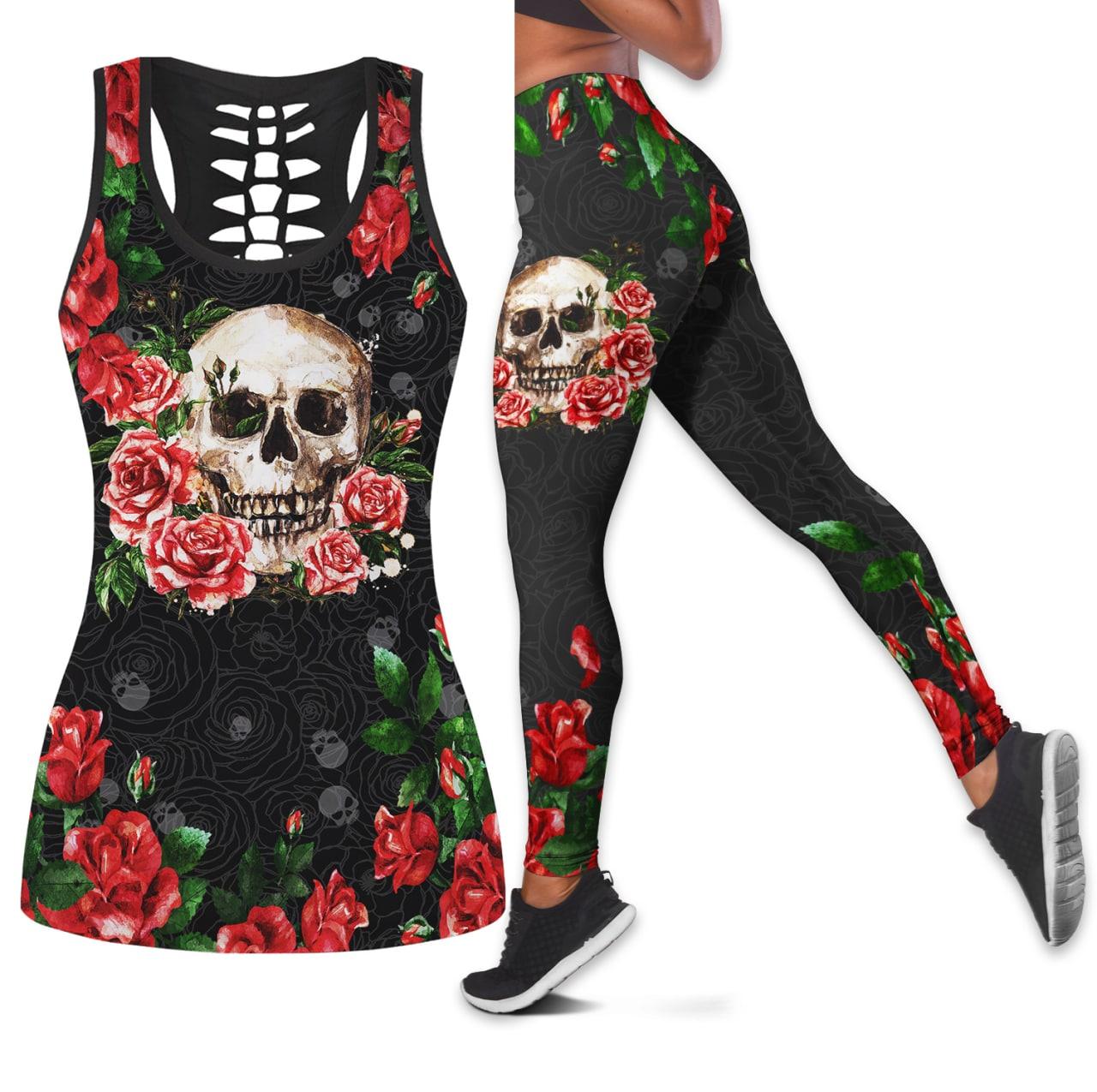 Skull Roses Leggings And Hollow Tank Top Set - Wonder Skull